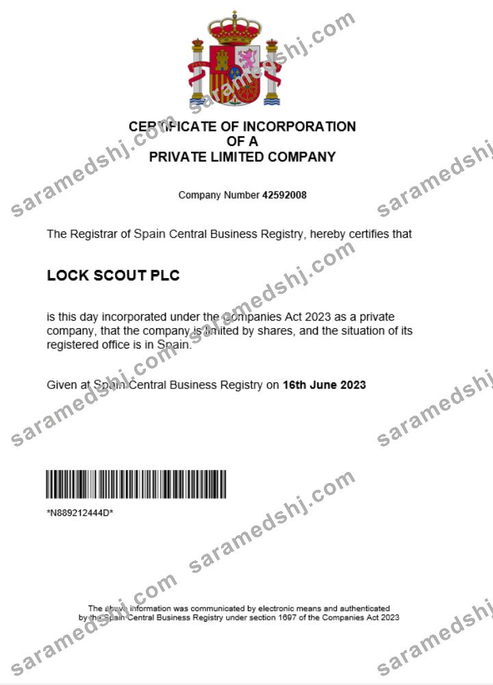 Spain business registration certificate Word and PDF template